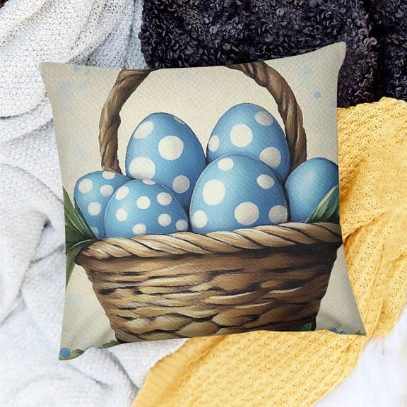 PRATYUS Happy Easter Blue Decorative Throw Pillow Covers, Porch Outdoor Home Decor, Spring Easter Egg Flower Couch Cushion Case 18x18in