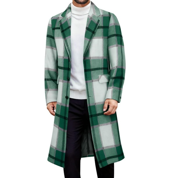 Kalauyu Men's Casual Notched Collar Plaid Single Breasted Wool Blend Formal Trench Top Coat