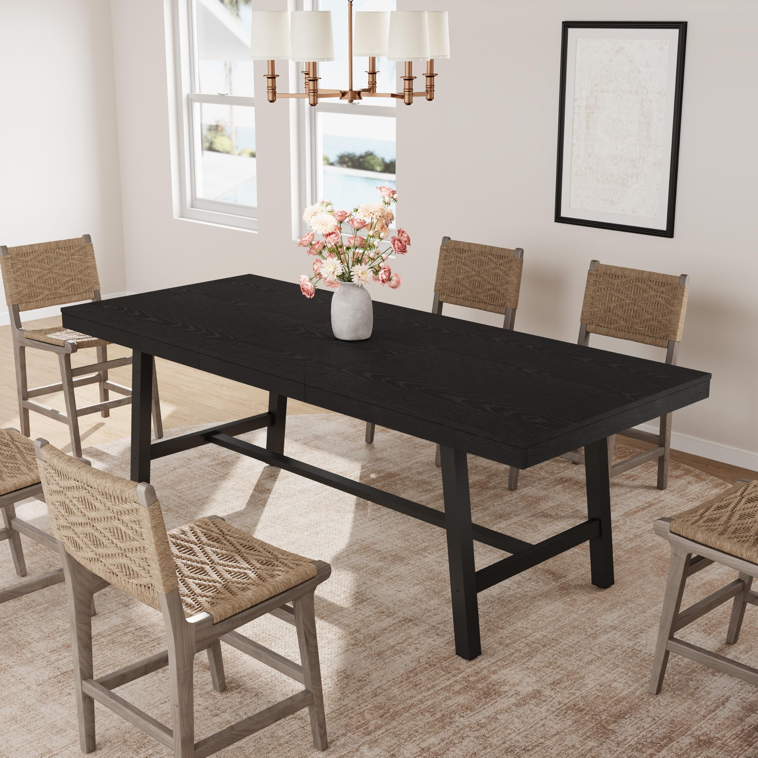 63"-83" Extendable Industrial Dining Table - Seats 6-8 - Expandable Rectangular Kitchen Table with Metal Frame for Parties-Black