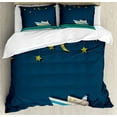 thumbnail image 1 of Vintage Boat Queen Size Duvet Cover Set, Moon and Stars in the Sky Little Boat at Night on Waves Kids Baby, Decorative 3 Piece Bedding Set with 2 Pillow Shams, Night Blue Teal Yellow, by Ambesonne, 1 of 3