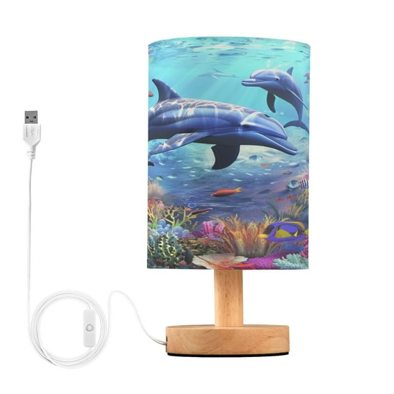 Dolphin under Sea Bedside Table Lamp Desk Warm Lights with USB Charging Port Cylinder LED Lamps for Bedroom Living Room Office