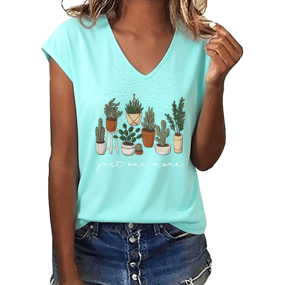 UNISHE Women's White Just One More Potted Plants Graphic V-Neck Short Sleeve T-Shirt Funny Plant Lover Tee
