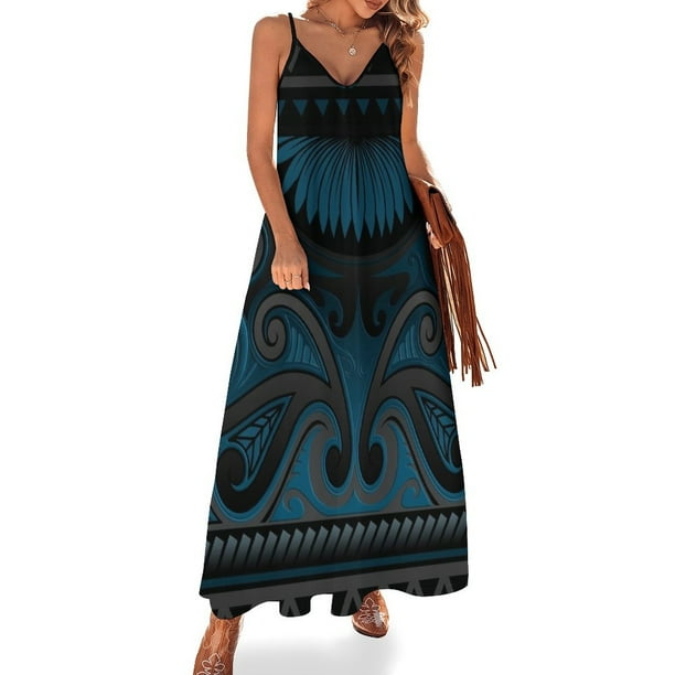 Vestido sin mangas de diseño maorí adornado en azul grisáceo de Nueva Zelanda Vestido para mujeres embarazadas Vestido de verano para mujeres coreanas