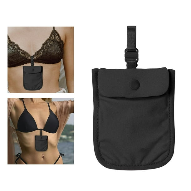Mini hide Washable bra Pouch Bra Wallet Storage Bag conceal pocket specie  Purse Elastic Strap Credit Cards for Women Outing Travel Black 