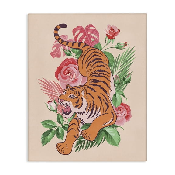 Stupell Industries Tiger & Tropical Roses Animals Painting Wrapped Canvas Art Print Wall Art, 16 x 20