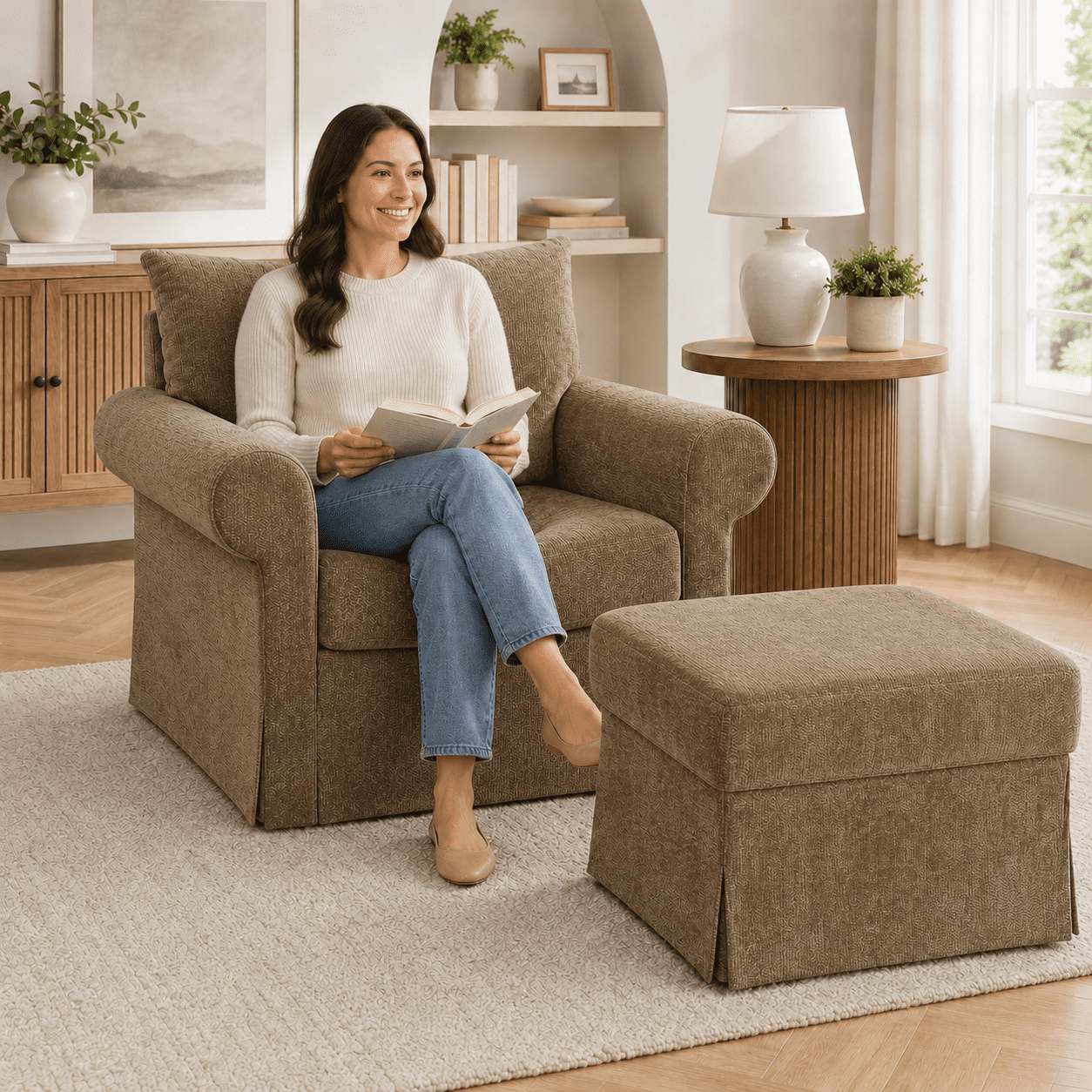 Aukfa 37.5" Oversized Chenille Accent Chair with Ottoman, Upholstered Armchair with Footrest for Living Room,Brown