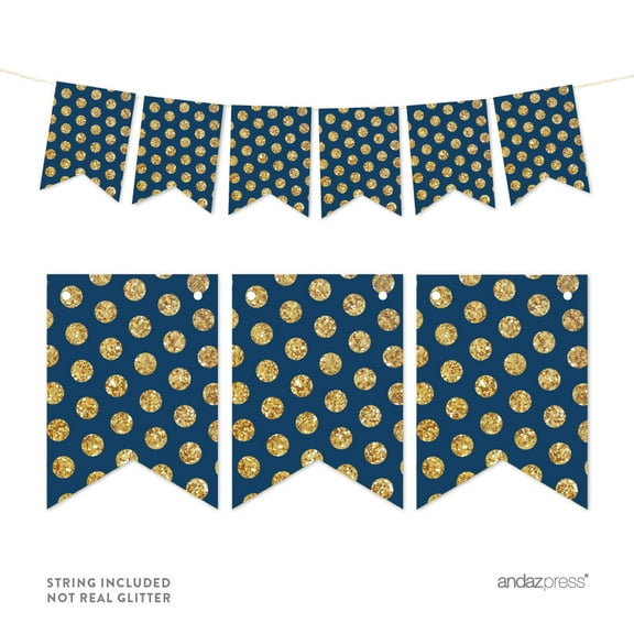 Navy Blue Pennant Party Banner Gold Glitter Polka Dots
