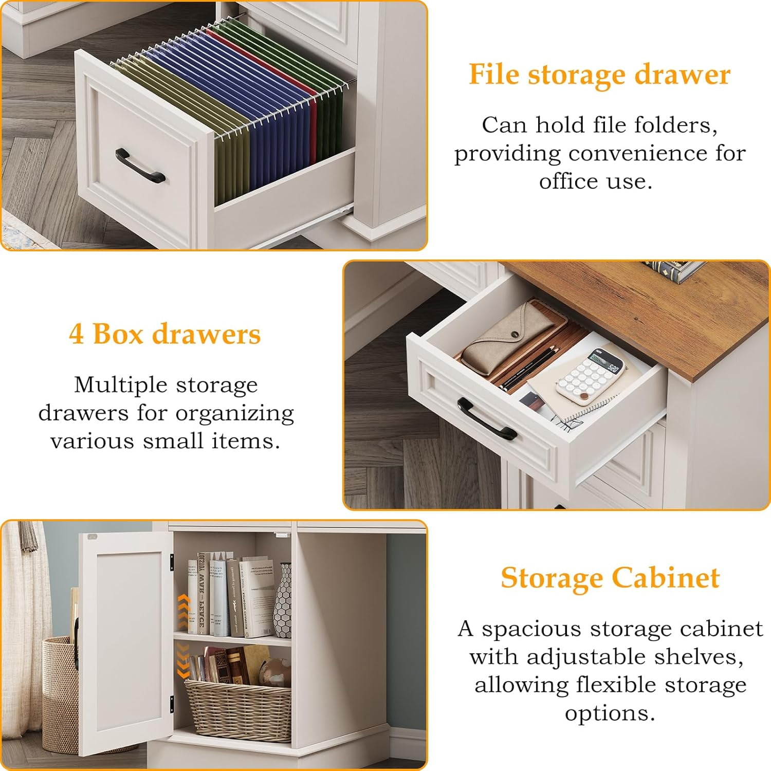 Vabches 67" H Executive Desk with Hutch and 5 Drawers, Farmhouse Computer Desk with Charging Station, File Drawer and Storage Cabinet, Wood Workstation for Home Office and Study
