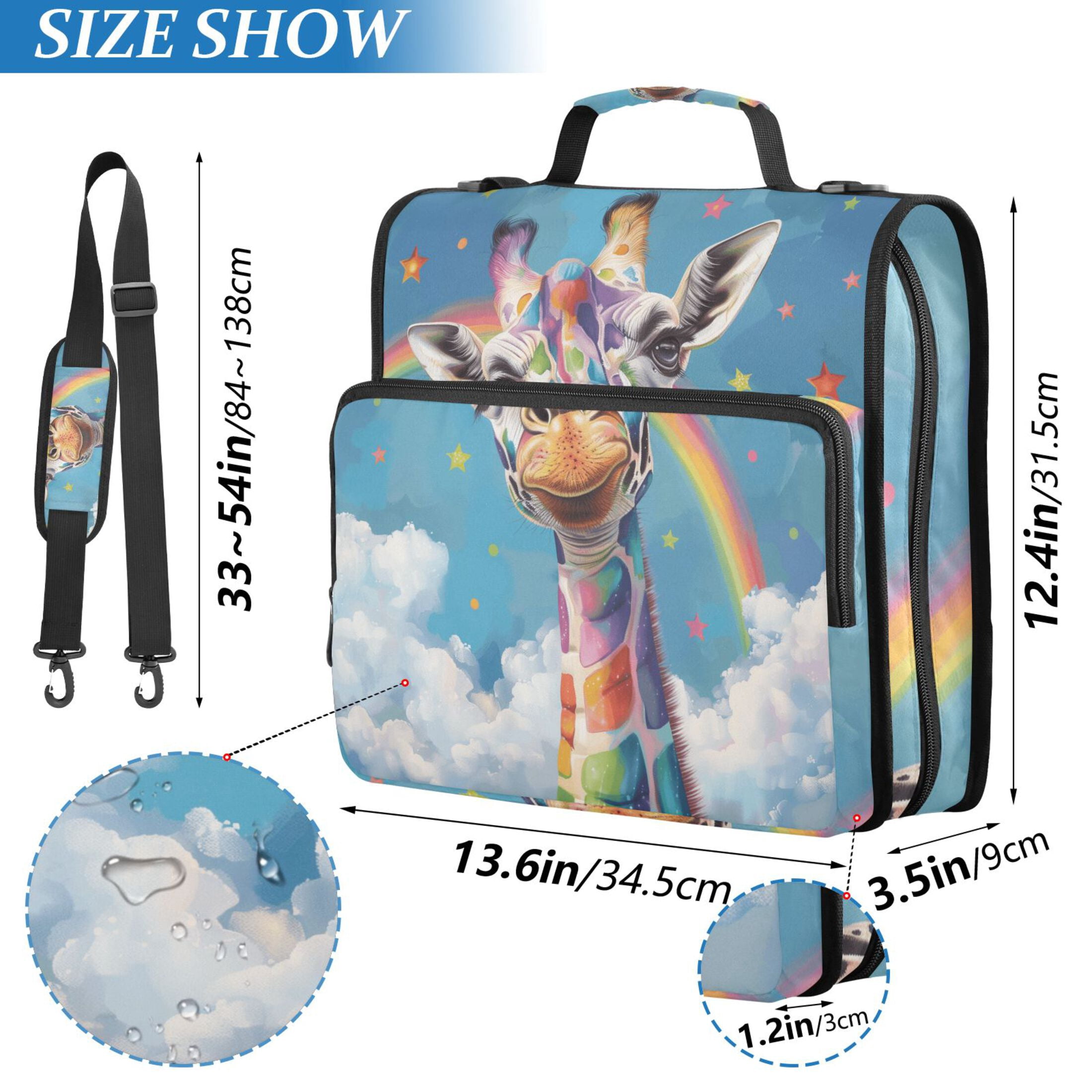 3 Ring Zipper Binder with Shoulder Strap Waterproof Trapper Keeper 2 Inch D-Ring 500 Sheets Capacity Colorful Spots Giraffe and Rainbow