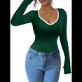 thumbnail image 2 of Camisetas Ajustadas con Cuello en Forma de Corazón para Mujer, Tops de Punto Acanalado con Mangas Largas Acampanadas Verde M, 2 of 7