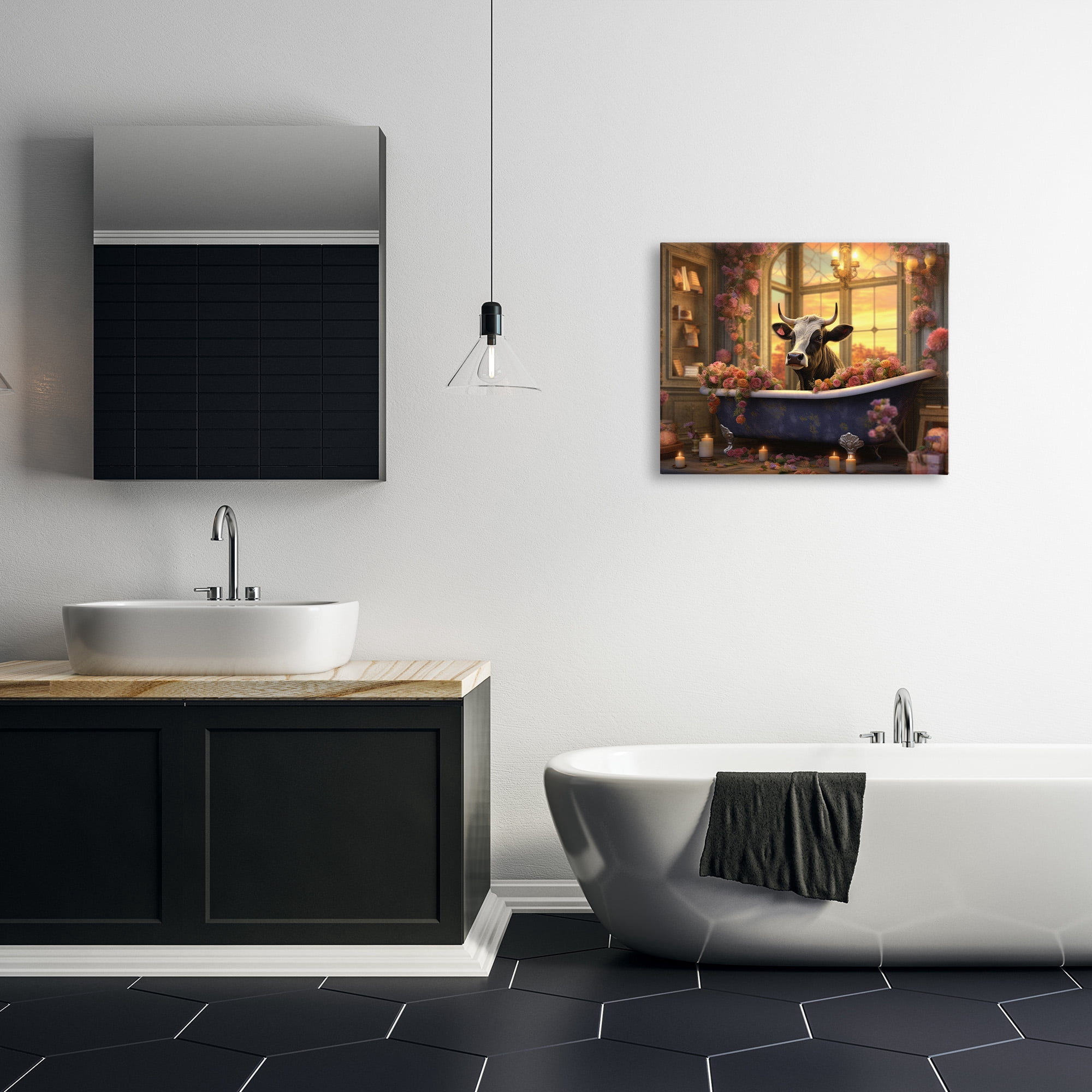 Stupell Industries Bathing Cow at Sunset Animals & Insects Painting Gallery Wrapped Canvas Art Print Wall Art, 30 x 24