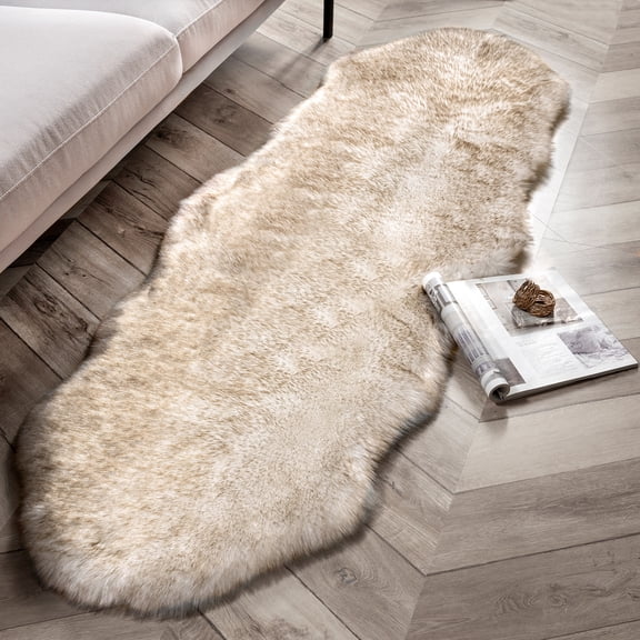Phantoscope Ultra Soft Faux Fox Fur Light Brown, Indoor Area Rug, 2 x 6 ft, Irregular Shape