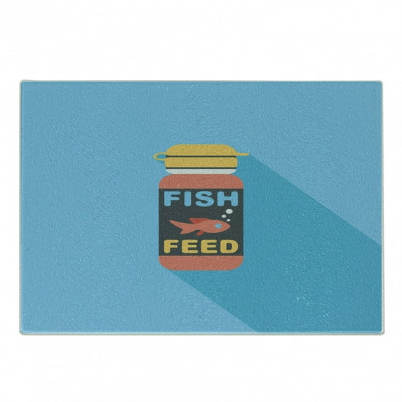 Goldfish Cutting Board, Pet Fish Feed Flat Retro Design with Long Shadow on a Pale Blue Background, Decorative Tempered Glass Cutting and Serving Board, in 3 Sizes, by Ambesonne