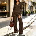 thumbnail image 4 of Women's 2 Piece Casual Knit Set V Necklinen Full Buttom Down Top Wide Leg Pants Casual Suits for Fall Brown 2XL, 4 of 6