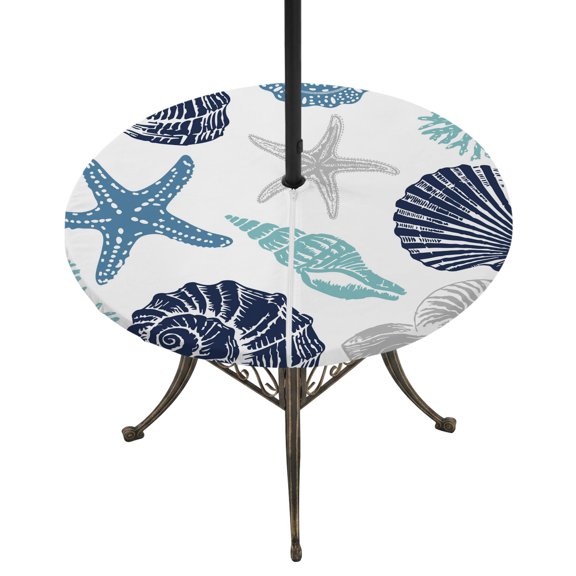 Round Outdoor Tablecloth with Umbrella Hole and Zipper, Navy Blue Coastal Tablecloth with Elastic Waterproof, Starfish Shell Coral Summer Beach Ocean Patio Table Covers for 45" - 54" Pool Tables