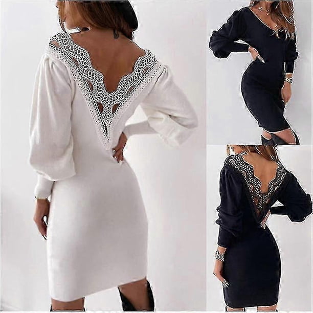 Vestidos de fiesta para mujer con suéter de cuello en V y mangas farol de encaje cálido