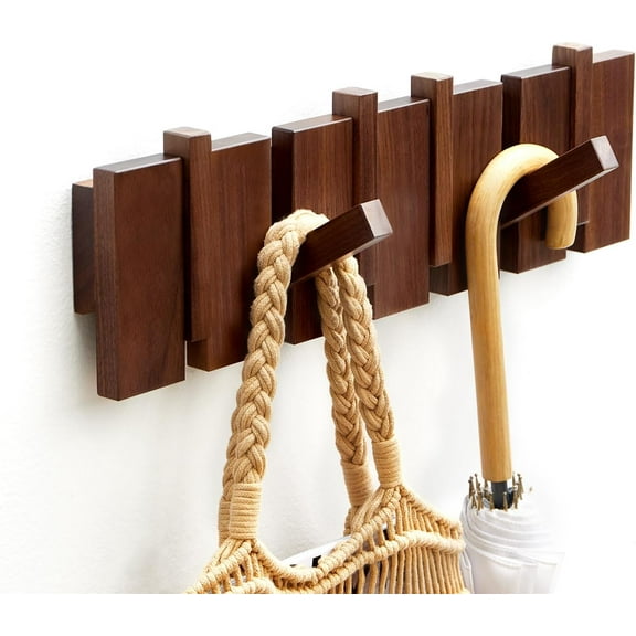 Wood Wall Mounted Coat Rack, Flip Down Wall-Mount Hook Racks with 6 Hooks, Entryway Hanger Art Hook for Hanging Coats Keys Hats Towels Bags, Walnut