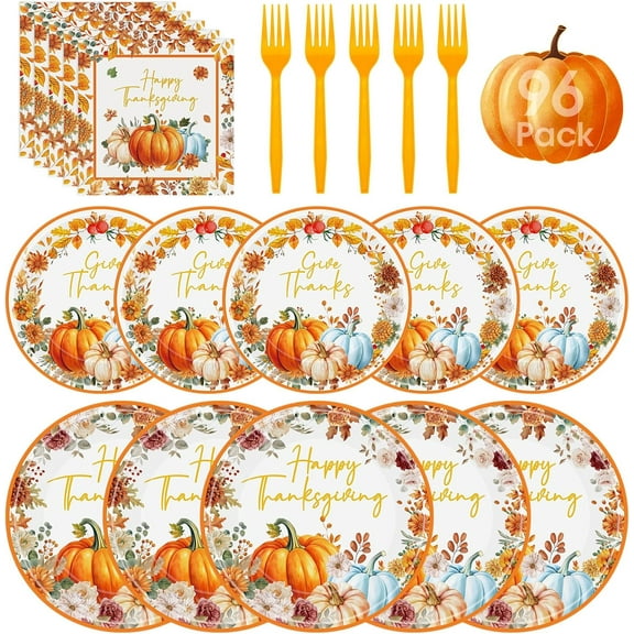 WH 96 Pcs Happy Thanksgiving Plates and Napkins-Disposable Thanksgiving Paper Plates and Napkins Forks,Watercolor Fall Leaf Pumpkin Tableware Set for Thanks Giving Party Decorations Supplies,Serve 24