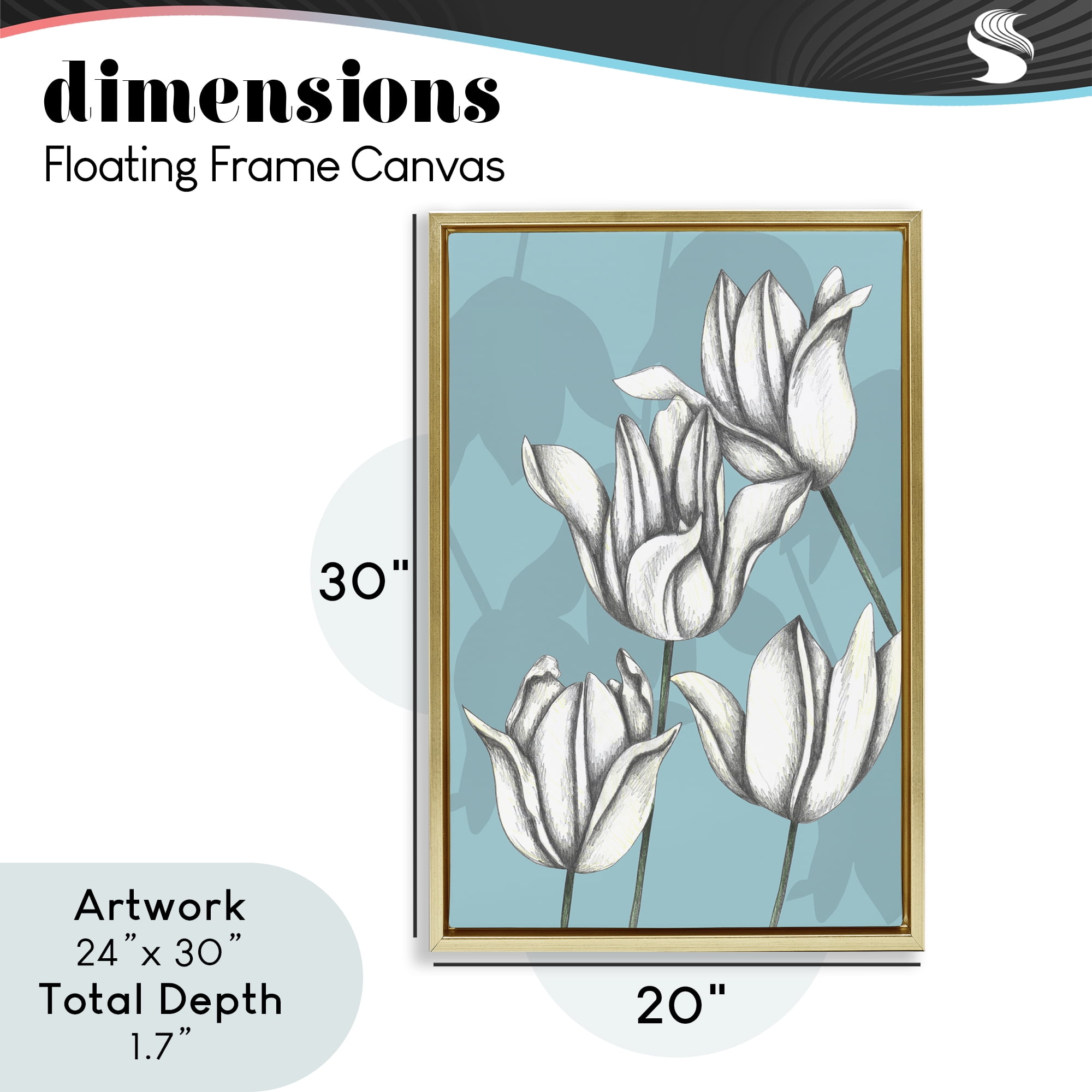 Sketched Tulips Keep Growing Gold Framed Floater Canvas Wall Art, design by Cecilia Battaini
