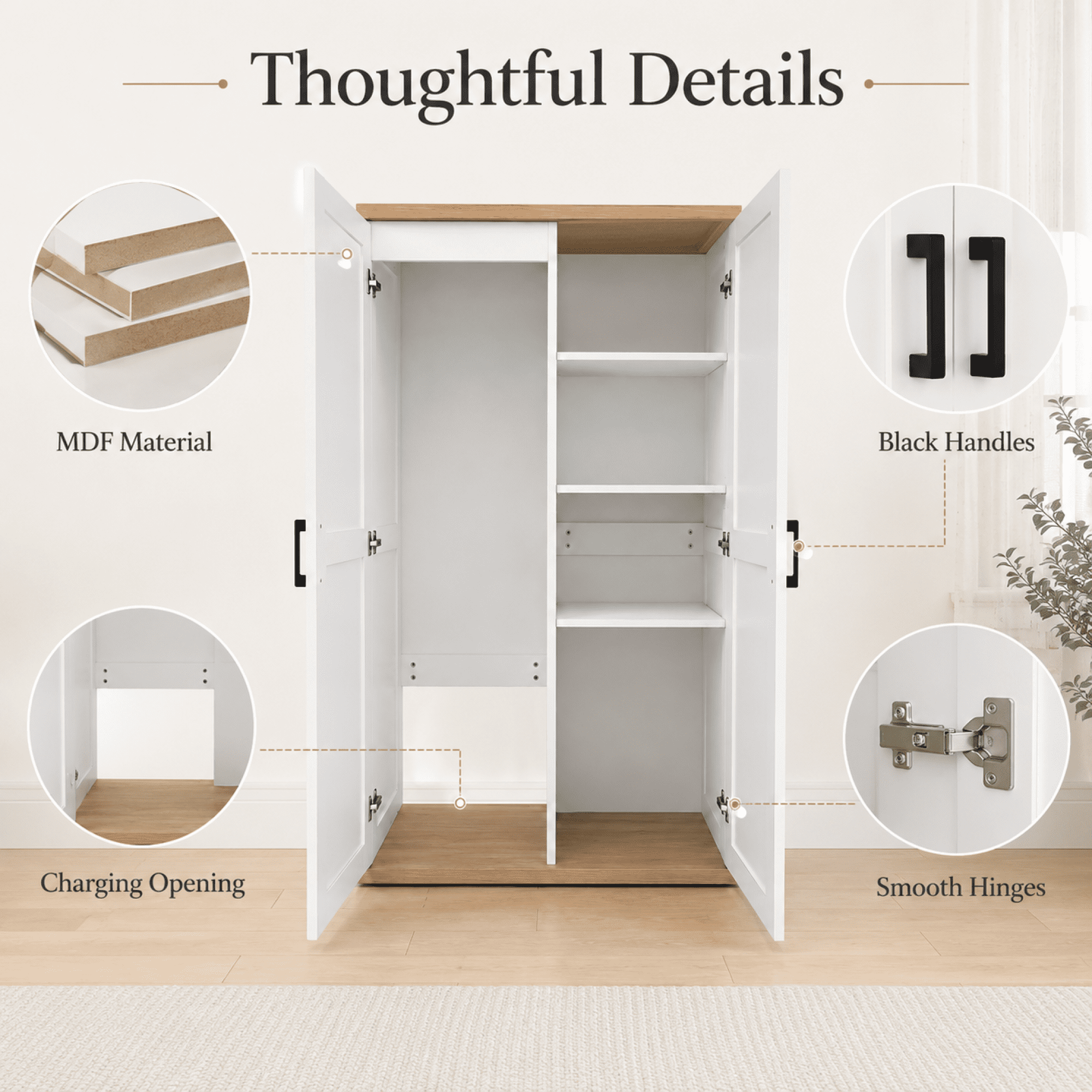 HOQBN 55.1" Tall Storage Cabinet with 2 Doors & Adjustable Shelf, Wooden Broom Closet Storage Cabinet,Cleaning Tool Cabinet for Living Room,Kitchen, Garage, Bathroom,White