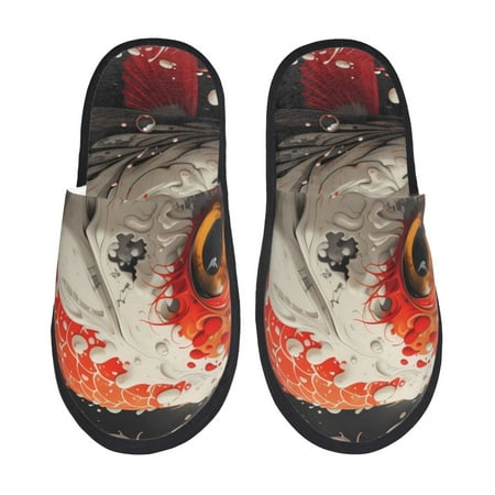 Balery Abstract Red Koi Fish Art Slient Indoor Furry Fleece Comfort House Shoes Soft Non-Slip Home Shoes Cotton slippers House Slippers-- Large