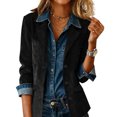 thumbnail image 2 of Women's Faux Suede Button Jacket Oversized Gathered Hem Short Length Coat Casual Vintage Outerwear with Pockets for Retro Style, Fall and Spring Wear, and Seasonal Events,Black,2XL, 2 of 5