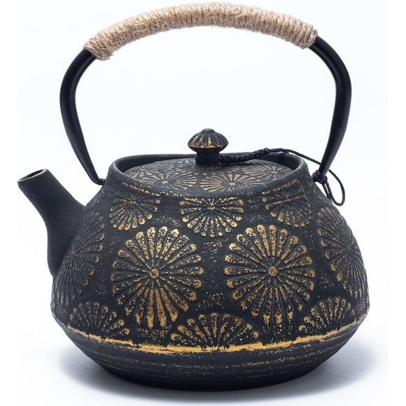 Cast iron teapot, stove top teapot, large capacity 1200ml cherry blossom design Japanese teapot, loose leaf teapot, glazed inside, 40oz black