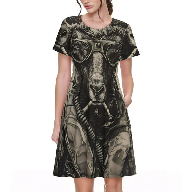 Disketp Vintage Ram Pilot para Vestido de Manga Corta para Mujeres, Vestidos de Verano para Mujeres, Casual y Holgado para la Playa