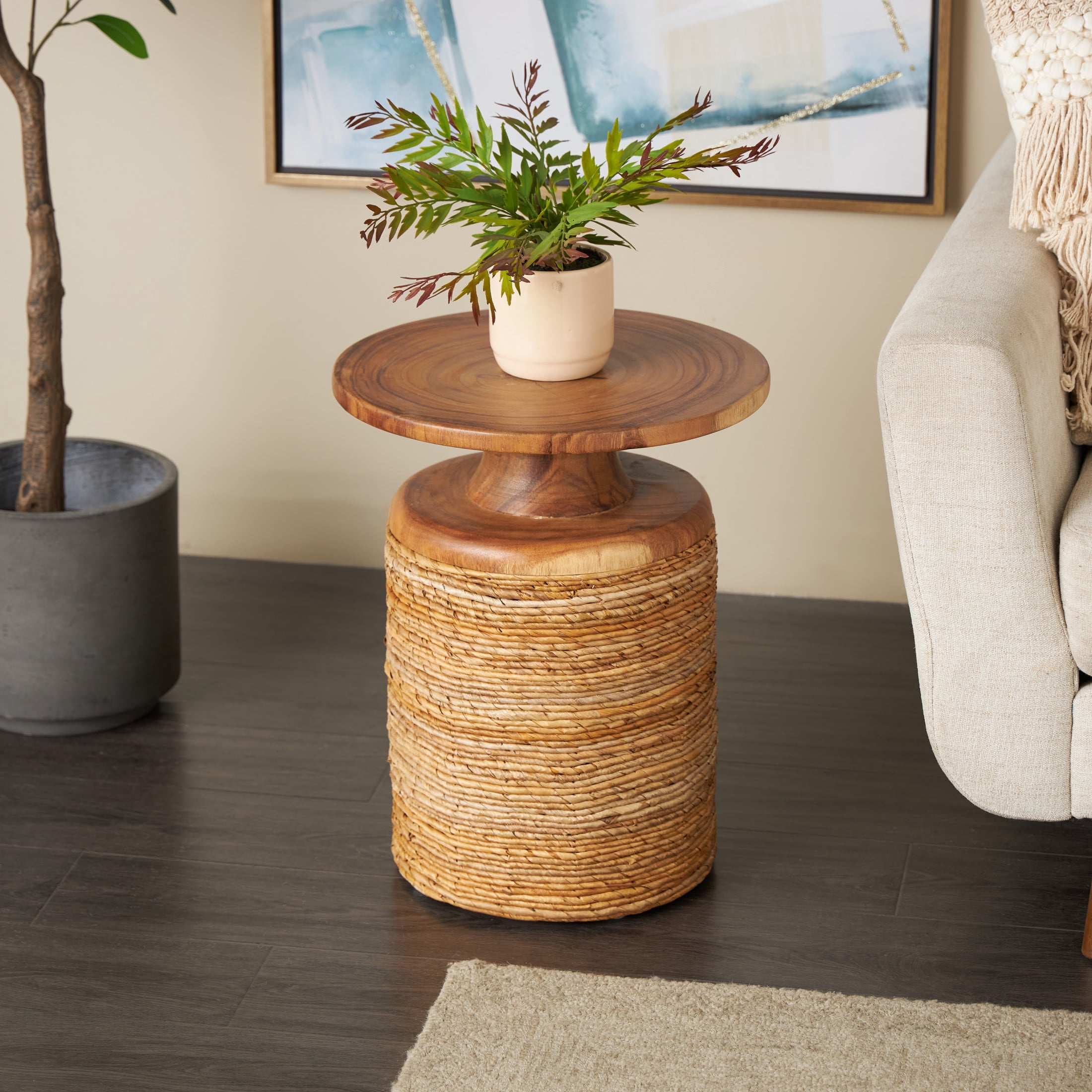 DecMode 16" x 20" Brown Banana Leaf Handmade Woven Accent Table with Wooden Tabletop, 1-Piece
