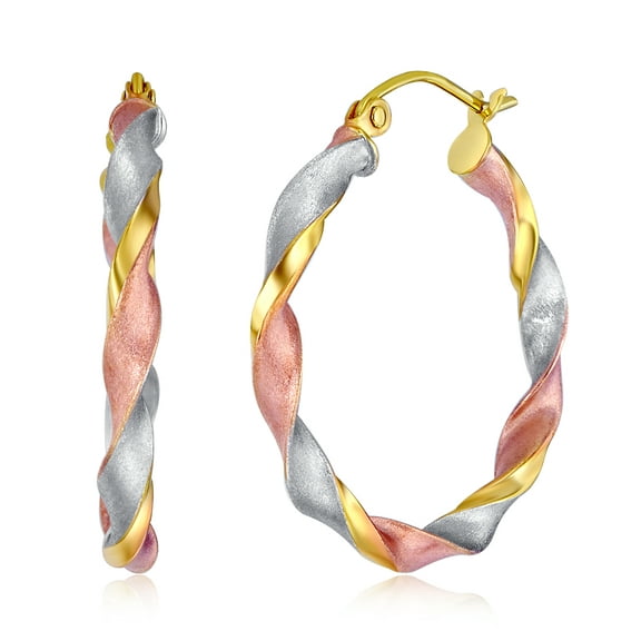 Wellingsale Ladies 14k Tri 3 Color Gold Polished Satin 3mm Twist Hoop Earrings (25mm Diameter)