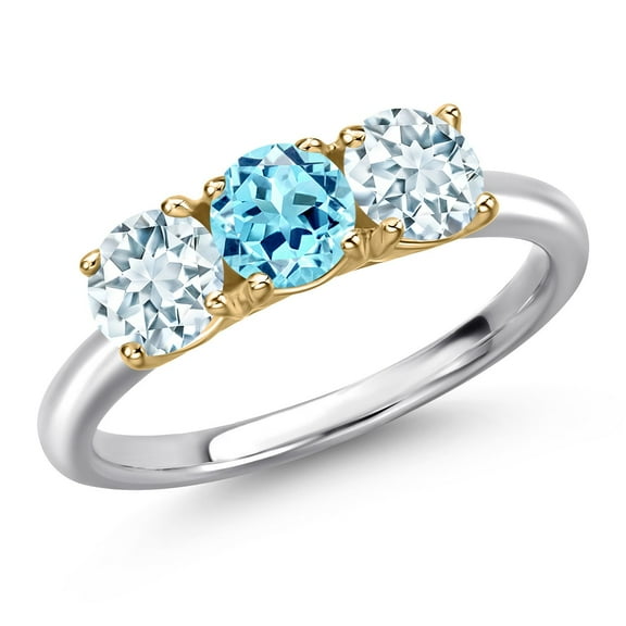 Gem Stone King 925 Silver and 10K Yellow Gold Blue Apatite and Sky Blue Aquamarine Engagement Ring for Women | 1.50 Cttw | Round 5MM | Gemstone Birthstone | Size 5
