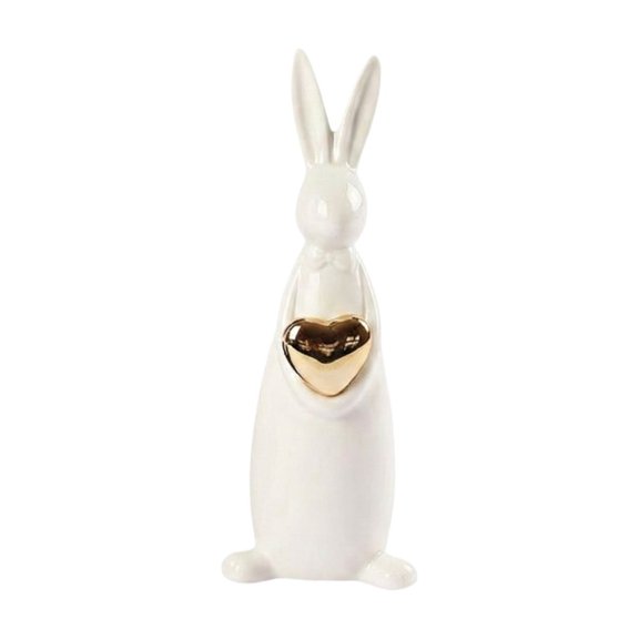 Easter White Resin Bunny Figurine with Gold Heart Accent, Elegant European Style Rabbit Statue, Minimalist Spring Tabletop Decor for Shelf Mantel Living Room Farmhouse Holiday Home Display