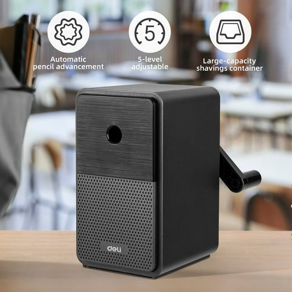 Deli Manual Pencil Sharpener - Auto-in Hand Crank with Adjustable Point, Stronger Helical Blade to Fast Sharpen, Home and Office, Black