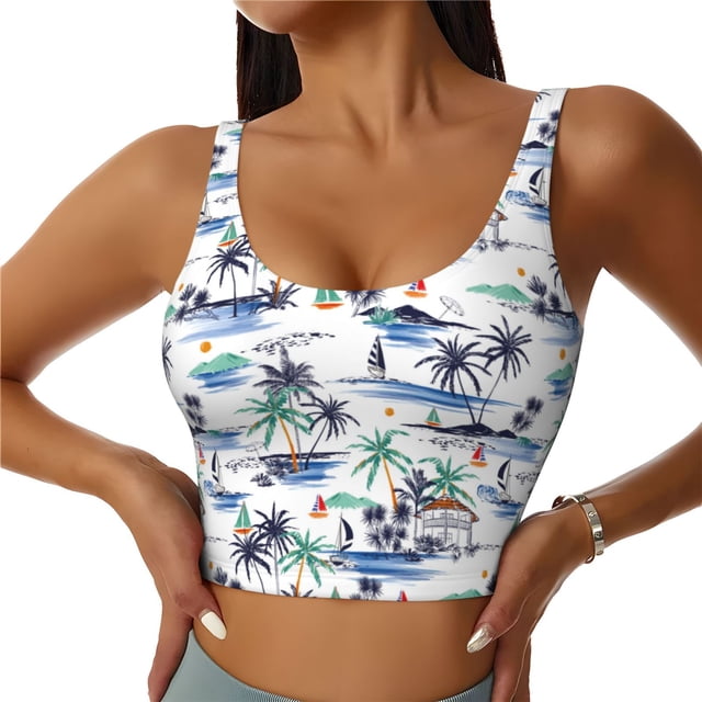 Balery Hawaii Palms Sujetadores deportivos con espalda cruzada para mujer, acolchados, sin costuras, de alto impacto, ideales para yoga, gimnasio, entrenamiento y fitness.-Small