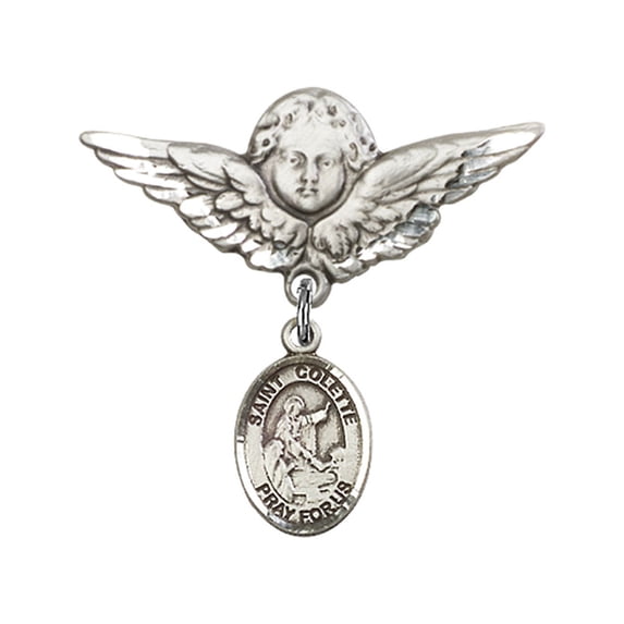 Sterling Silver Baby Badge with St. Colette Charm and Angel w/Wings Badge Pin 1 1/8 X 1 1/8 inches