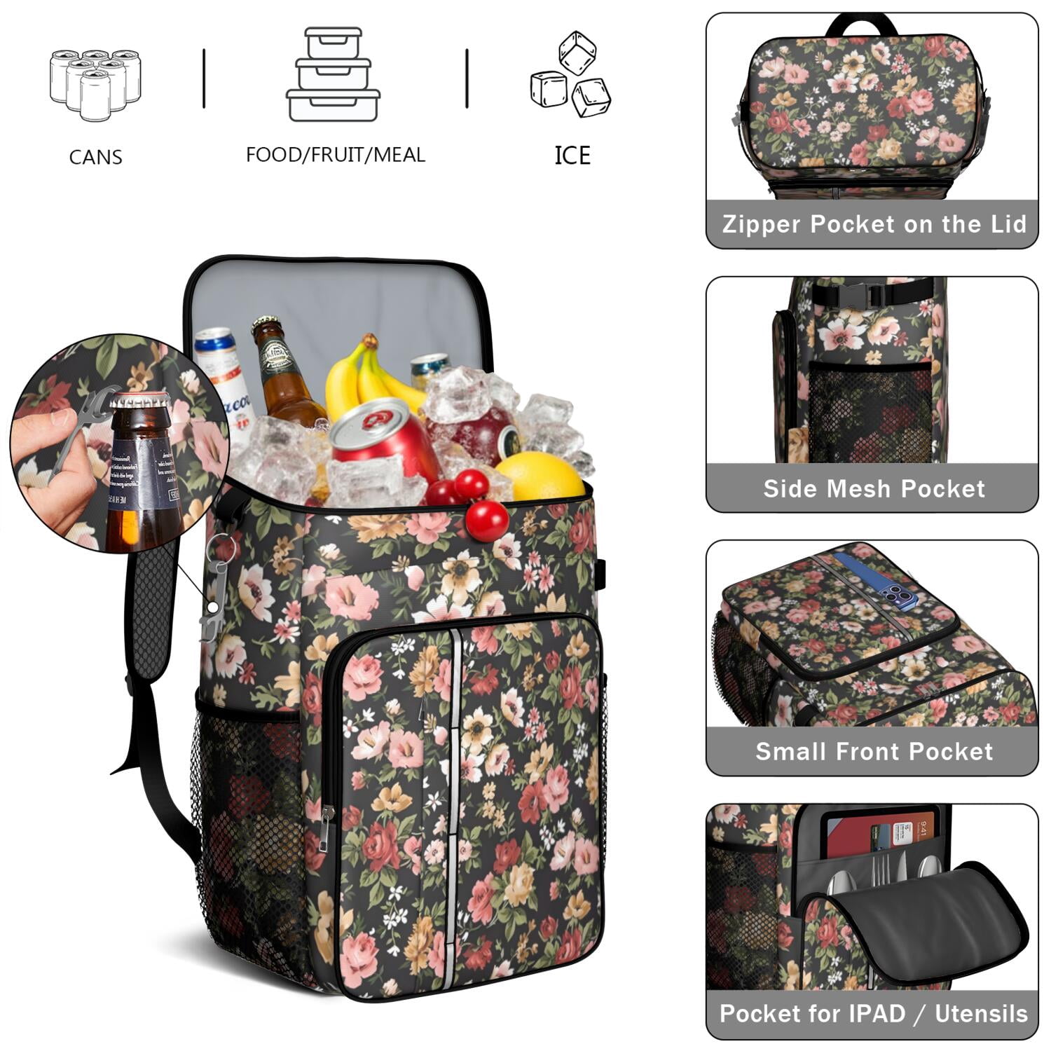 Travel Cooler Bag - Pioneer Flower Floral Print Pattern Camping Beer Cooler Backpack with Bottle Opener- Waterproof Insulated Picnic Backpacks - Cooler Bag for Beach
