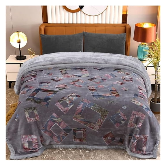 Plush Fleece Blanket King Size 87" x 94", 10.5 LB Heavyweight Fluffy Bed Blanket, 2 Ply A & B Printed Mink Blanket, Comfy Warm Thick Blanket for Autumn Winter, Grey- Photo Frame Pattern
