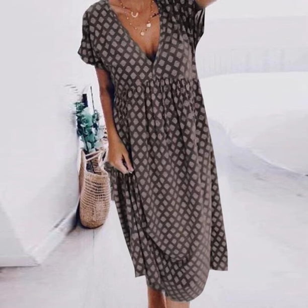 Printed Short Sleeve Dress Fashion Loose Mid-Length Dress Elegant V-Neck Home Wear Dresses Women's Casual Street Summer VestidoXXL Gao Jinjia LED