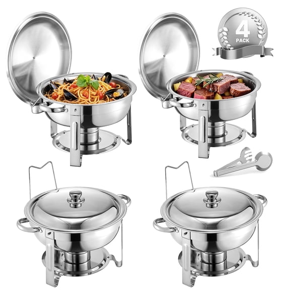 KFFKFF Stainless Steel Chafing Dish Set, 5 Qt 4 Pack, Round Buffet Server with Full-Size Pans, Lid, Water Pan, Folding Stand, and Clips, Ideal for Events like Weddings, Parties, and Banquets, Silver