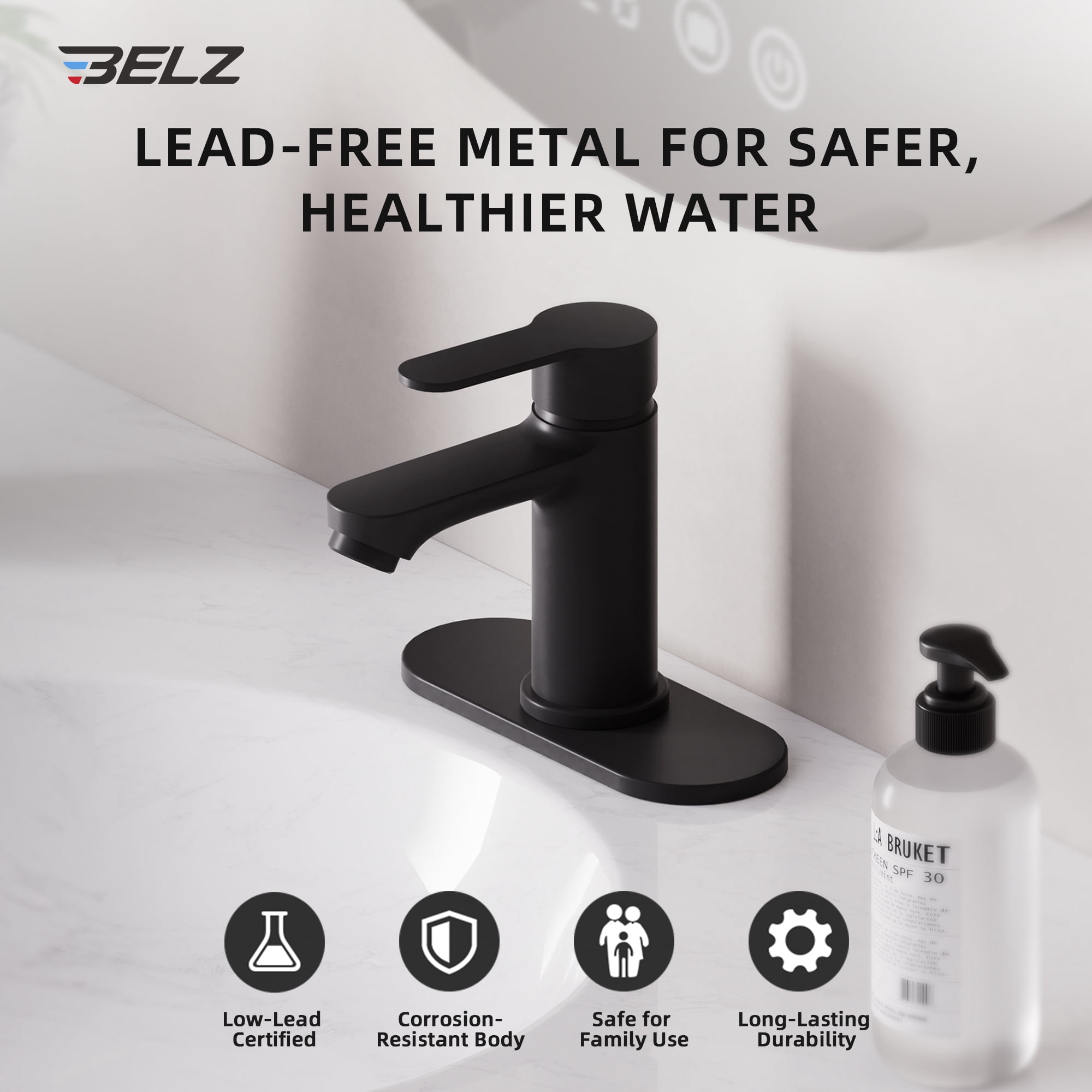 BELZ Bathroom Faucet, Single Handle Matte Black Sink Faucet for 1 or 3 Hole Installation, Modern Lead-Free Metal Vanity Faucet with Pop-Up Drain & Supply Hoses Matte Black