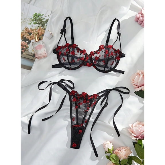 Black and Red Lingerie Set Floral Bowstrap