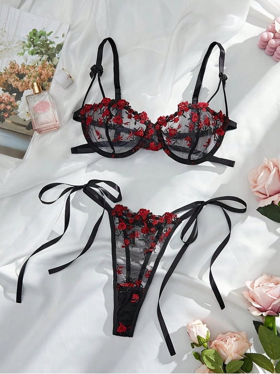 Black and Red Lingerie Set Floral Bowstrap