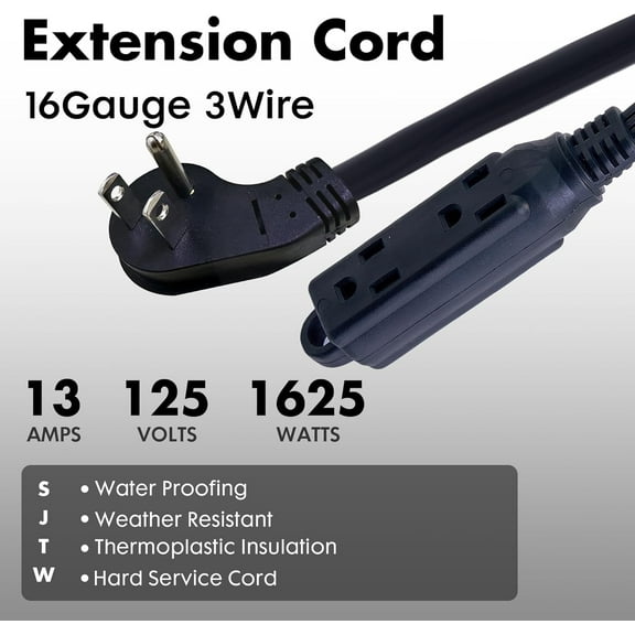 JUNCHI-Indoor Extension Cord 3 Outlets Flat Plug Power Strip, UL Listed, 16 Gauge 20 ft Black 3 Prong Heavy Duty, 16/3 SJTW 13A Outlet Extender