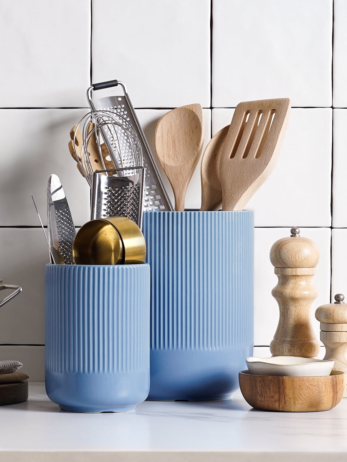 LE TAUCI 2-Pack Utensil Holders, 7.3"+5.4" Ceramic Crocks for Kitchen Storage, Dusty Blue Kitchen Utensil Holders