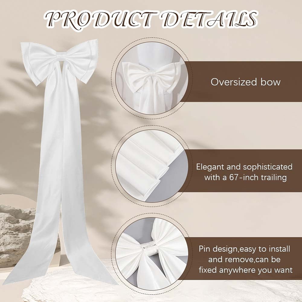 Long White Satin For Dress arge Wedding Pew Bows with Long Tails Detachable Train Waist Sash Belt Bride Bowknot Formal Wedding Accessories
