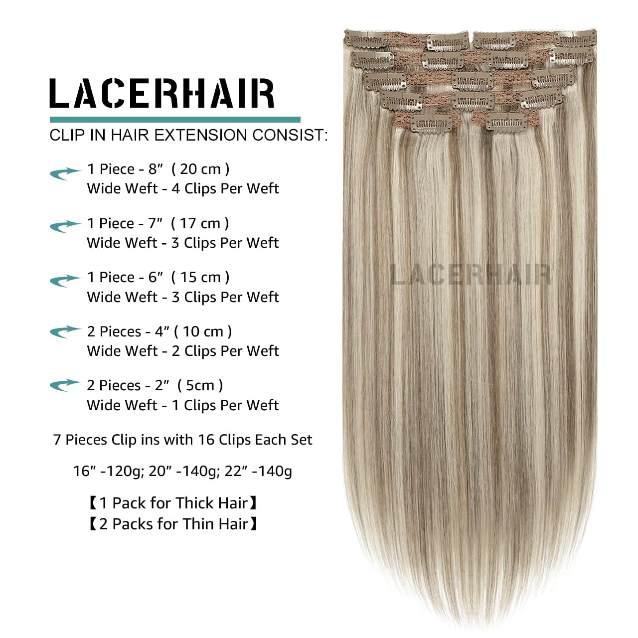 Lacer Clip in Hair Extensions Real Human Hair Golden Blonde Highlight Platinum Blonde Remy Human Hair Extensions Clip ins for Women 14 Inch 120g 7Pcs Natural Human Hair