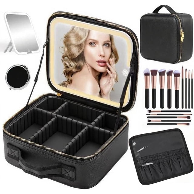 Bolsa de Maquillaje Profesional con Espejo LED,con Pequeño Espejo,Juego de Brochas de Maquillaje(14 Piezas),estuche de viaje de maquillaje con divisores ajustables,her