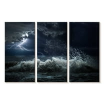 Elephant Stock Seascape Lightning Storm Wall Art - Horizontal Multi Panel Canvas - Living Room Wall Decor - Beach Multi Panel - Blue And Beige Decor - 23" x 14"