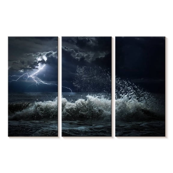Elephant Stock Seascape Lightning Storm Wall Art - Horizontal Multi Panel Canvas - Living Room Wall Decor - Beach Multi Panel - Blue And Beige Decor - 23" x 14"