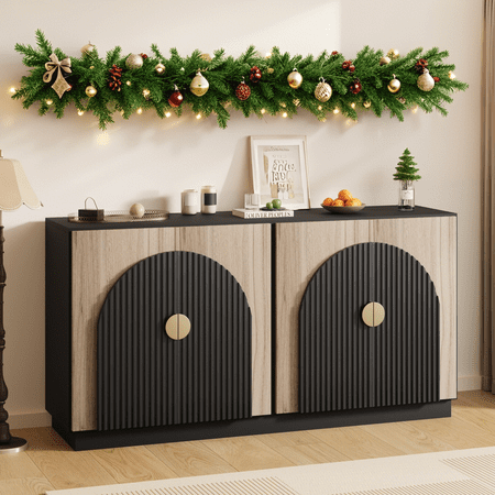 Accreate 65 Buffet Sideboard Cabinet with Fluted Arched Doors Modern Wood Console Table Adjustable Shelves Expandable Vintage Coffee Bar Cabinet for Dining Room Living Room Entryway Kitchen